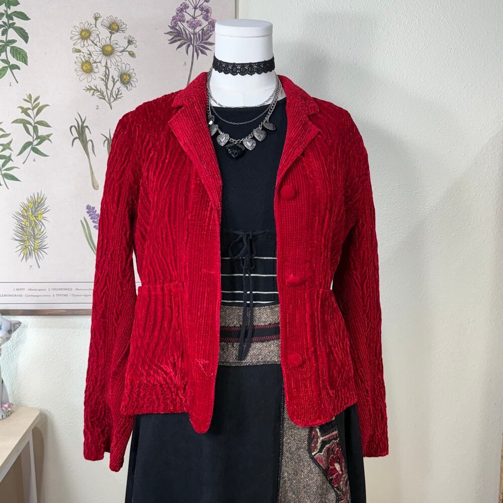 Vintage 90s Y2k Red Crinkle Velvet Collared Blazer Jacket Vampire Whimsigoth S - Picture 2 of 9